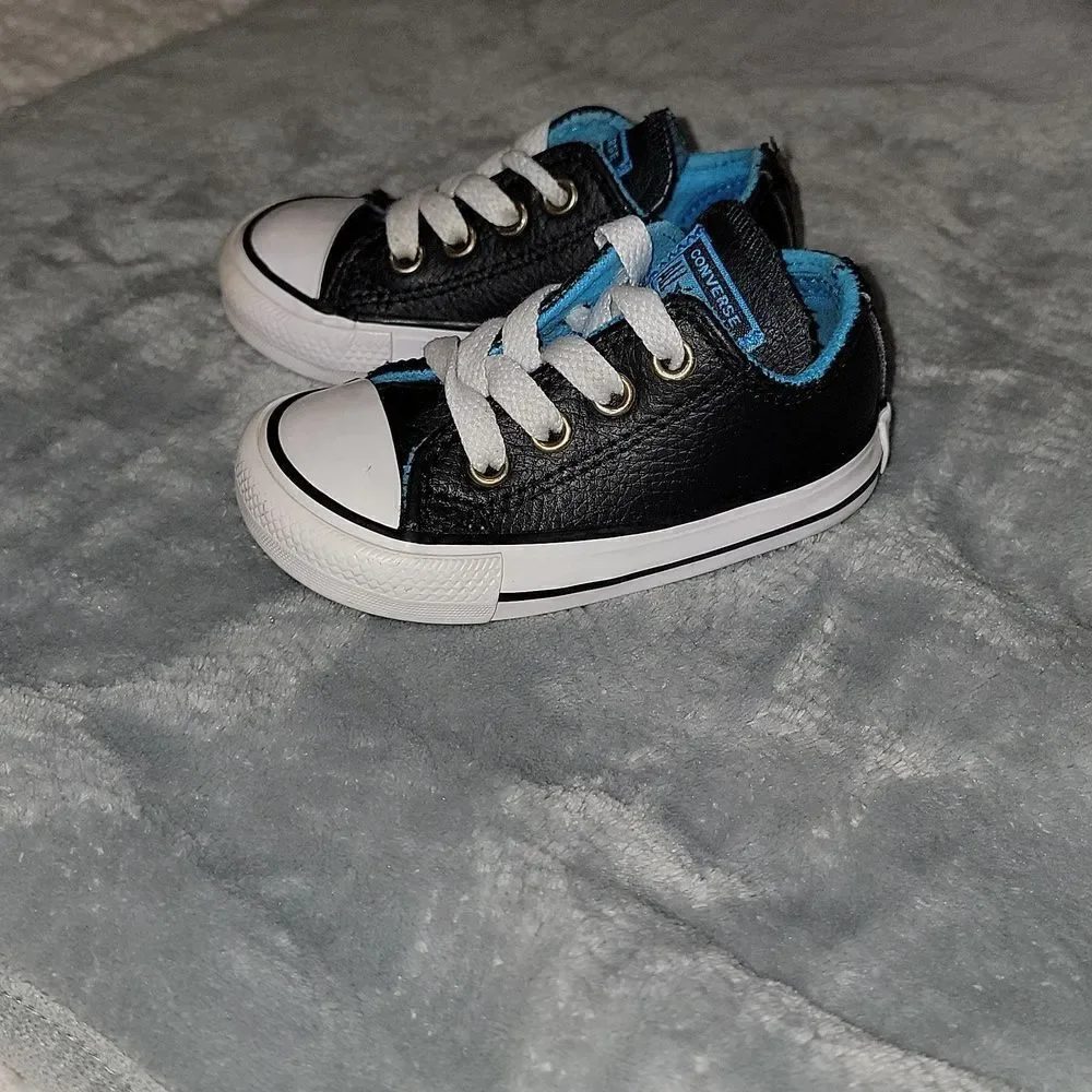 Converse All Stars Low Black Leather Blue Trim CTSA Shoes Baby Size 4